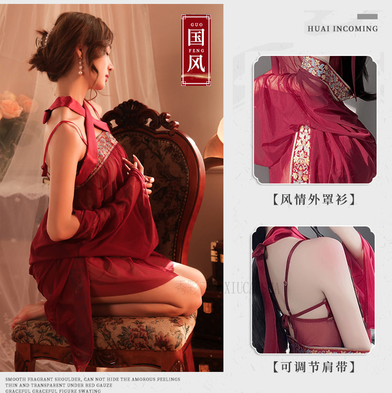 Retro Hanfu-Style Bellyband Lingerie Set with Mesh Jacket, Skirt and Thong — detail image 5