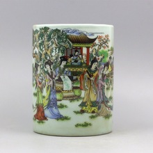 大清同治粉彩红楼梦十二金钗图笔筒文房摆件古玩古董仿古瓷器收藏