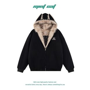 Mint Cat 2024 Winter New Real Shot American Retro Loose Plush Stitching Hooded Cotton-padded jacket Jacket
