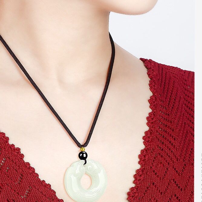 Mặt dây chuyền ngọc Hetian Tân Cương hình rồng song long hộ chủ, dây đeo kèm chi tiết 7
