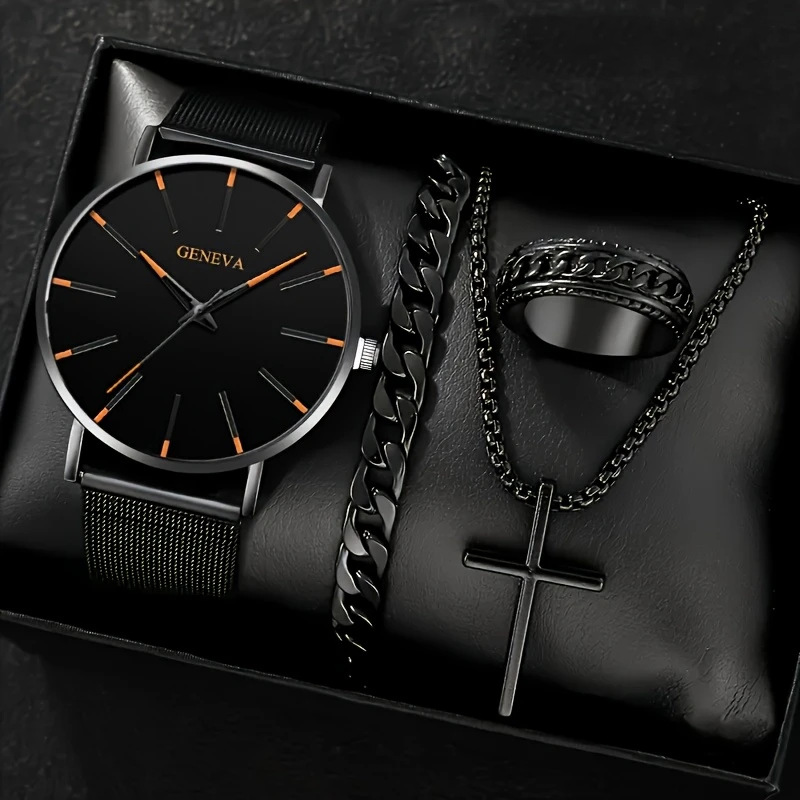 Cross-Border Watch Set Business High-End Men's Watch Mesh Strap Glass Quartz Watch Watch Men's Cross-Border Wholesale