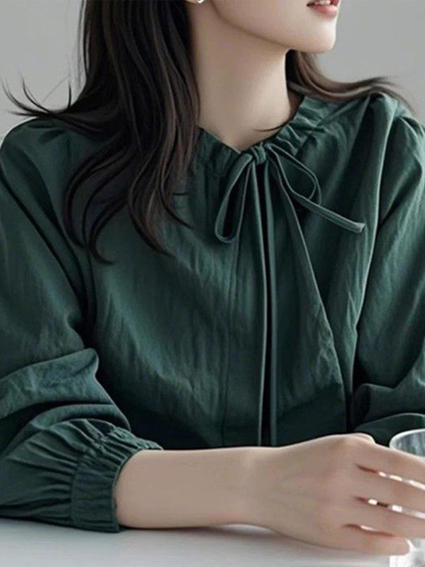 绿色蝴蝶结系带衬衫女高级感轻奢减龄洋气复古港风多巴胺穿搭上衣|undefined