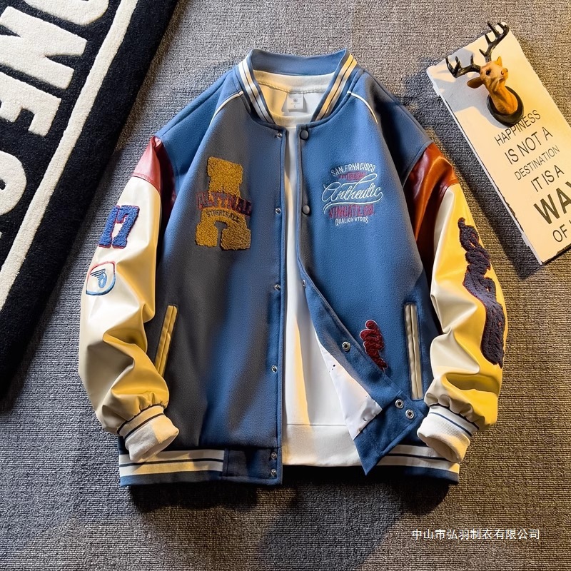 跨境美式重磅高街棒球服刺绣潮牌痞帅PU皮拼接夹克春秋飞行员上衣