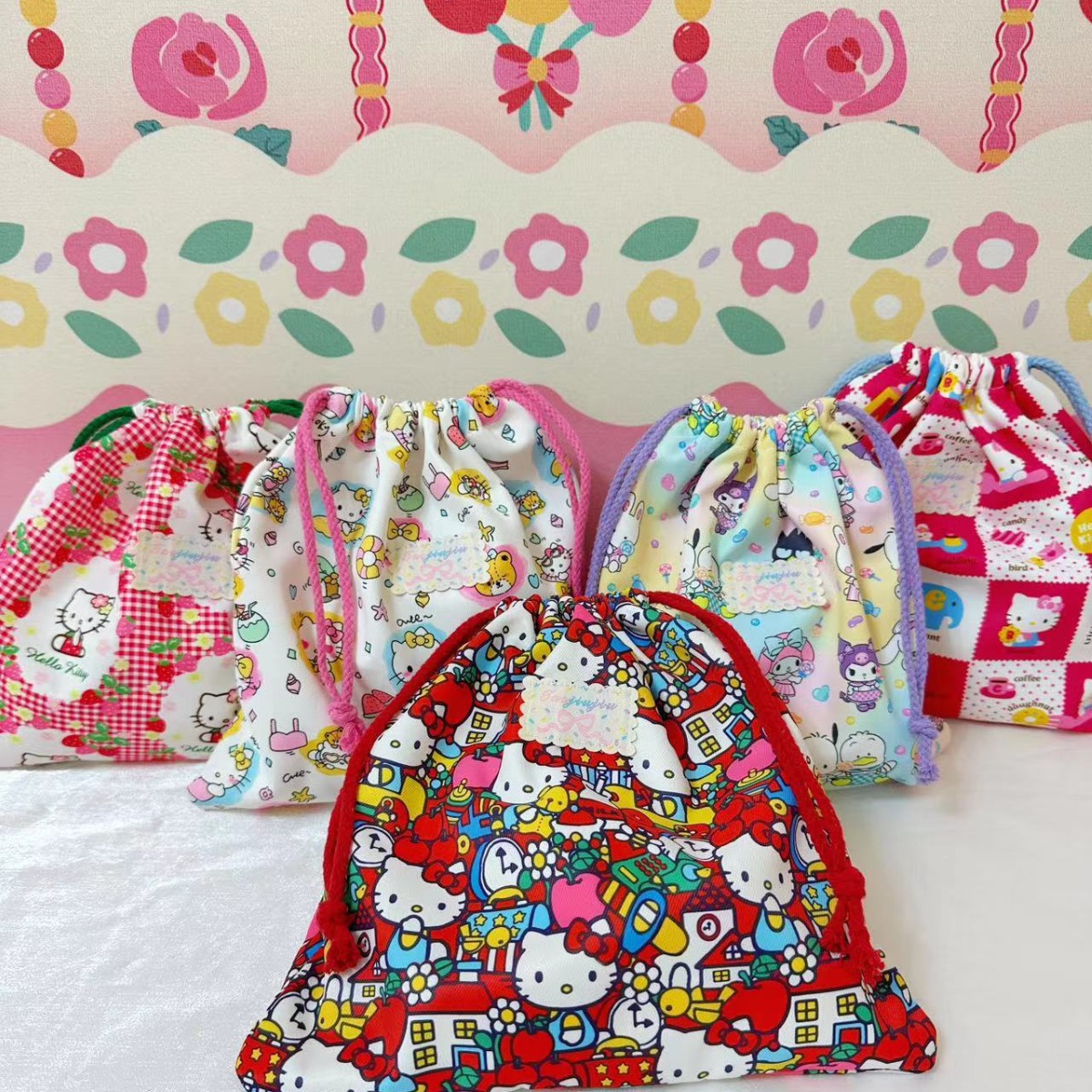 Unique New Ins-Style Cute Handmade Bow Drawstring Pouch Cosmetic Storage Bag Travel Bag Large Size