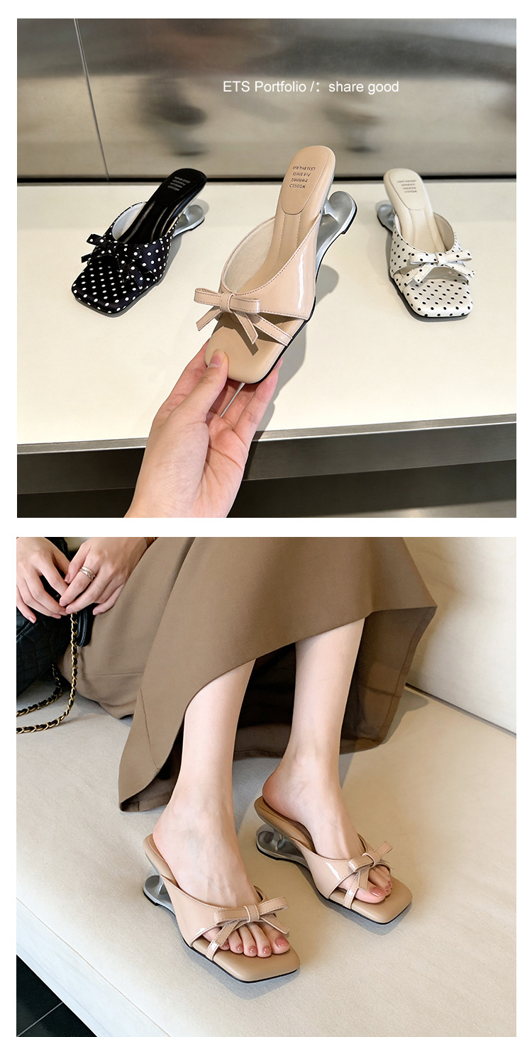 Sandal cao gót nữ mũi vuông hở ngón, đế xuồng chấm bi nơ bướm, gót 6 cm — màu đen, màu trắng ngà, màu mơ chi tiết 24