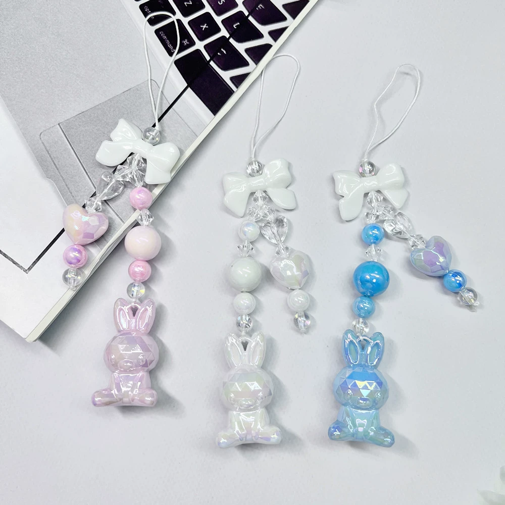 Mobile phone, strap handmade, beaded bracelet, three dimensional beads with bow, protective pendant