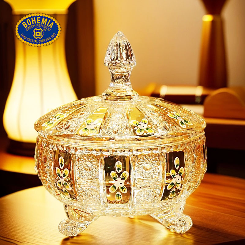 捷克珐琅镀金工艺水晶玻璃糖缸 干果零食果碗 糖果盒 带盖果盅