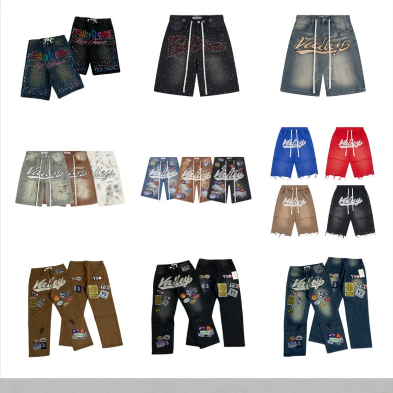 Vale Valley Forever American Fashion High Street Embroidered Rhinestone Letters Washed Distressed Casual Denim Shorts Vale Valley Forever American Fashion High Street Embroidered Rhinestone Letters Washed Distressed Casual Denim Shorts