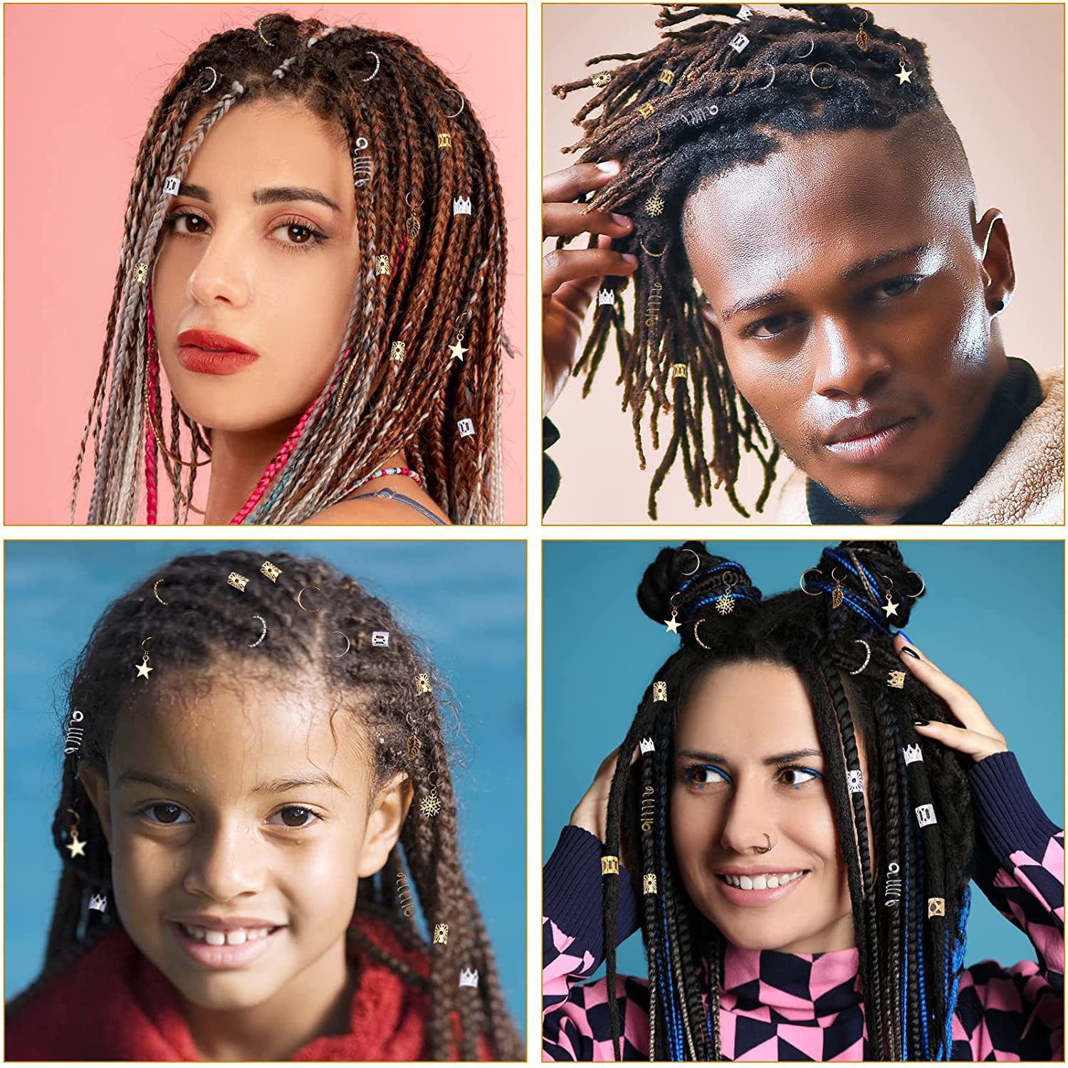 259 piezas de Amazon DIY damas trenzas para el cabello largo envase colgante de cuentas de aluminio anillo trenzado dorado puño