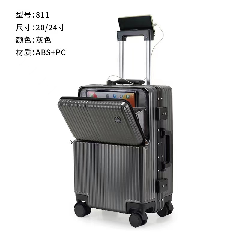 Baja de aluminio con cubierta abierta delantera, maleta de viaje, 20 maletas multifuncionales, maletas de embarque, ruedas universales de 24 pulgadas, maletas de negocios