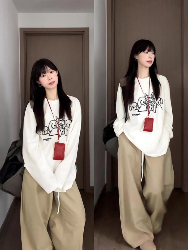 韩系字母小狗图案长袖t恤女春秋复古宽松oversize休闲秋季上衣潮|undefined