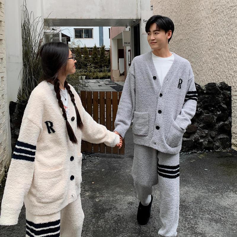 秋冬季半边绒情侣睡衣女加绒加厚R字开衫高级感舒适毛绒家居服男|undefined