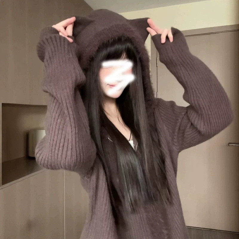 Cat Ear Hooded Knit Cardigan for Women, 2026 Autumn/Winter New Korean Style Loose Zipper Cute Youthful Sweater Coat
