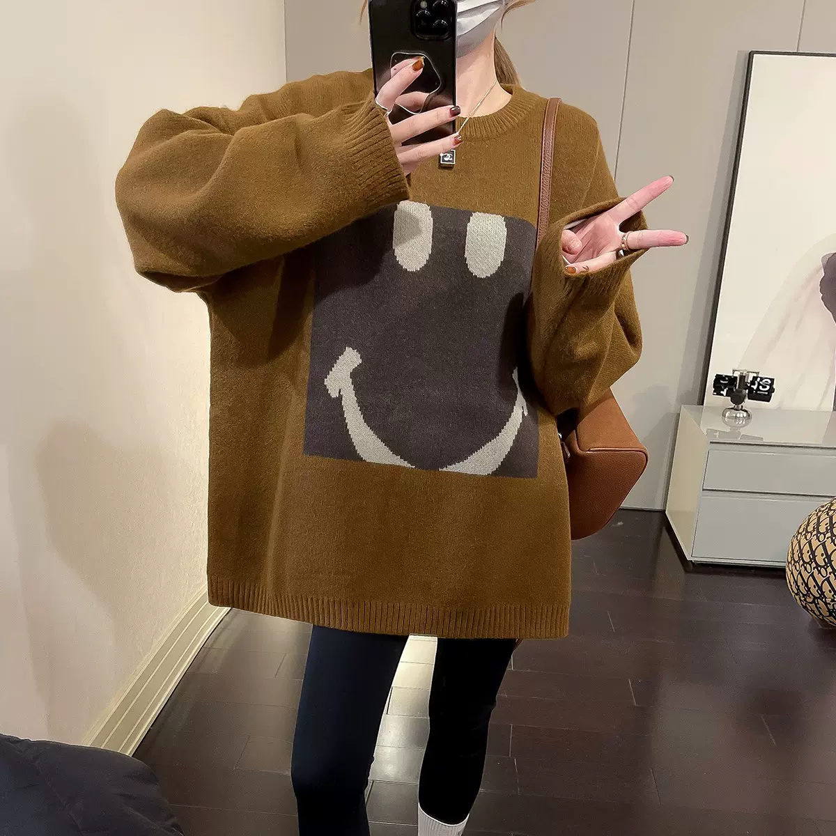 2024秋冬新款笑脸针织衫毛衣女韩版宽松中长款慵懒风时尚套头上衣