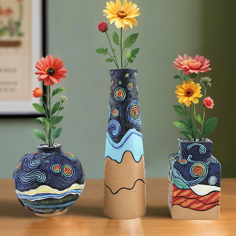 Overseas Hot Selling Van Gogh Art Inspiration Starry Night 3 Piece Set Resin Vase Home Desktop Flower Ornaments Decorations