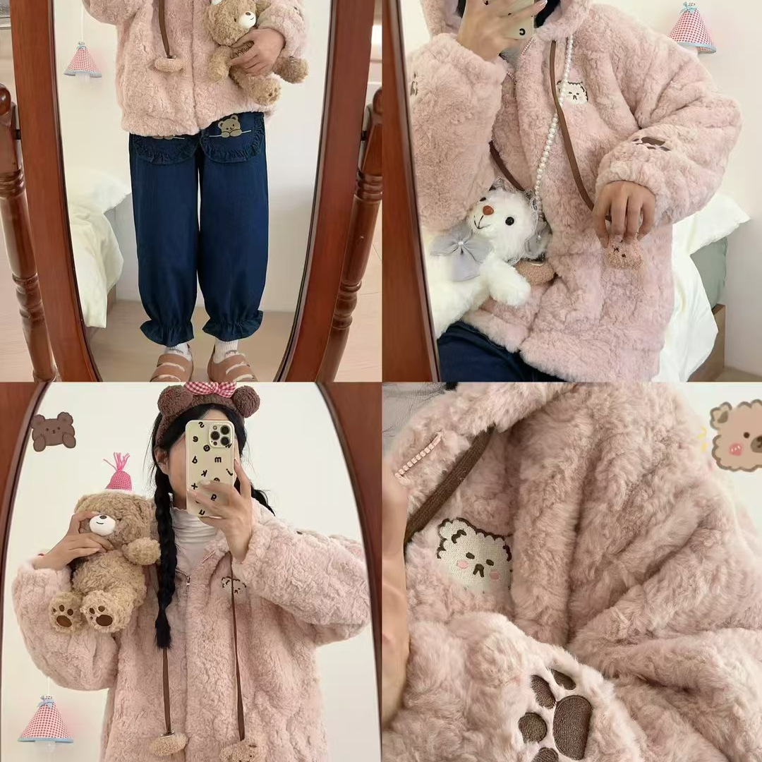 (2개) 겨울 귀여운 두꺼운 따뜻한 곰 후드 가을과 겨울 부드러운 왁스 느슨한 코트