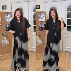 韩系设计感短袖衬衫+晕染裤裙两件套女大码新款休闲宽松时尚套装