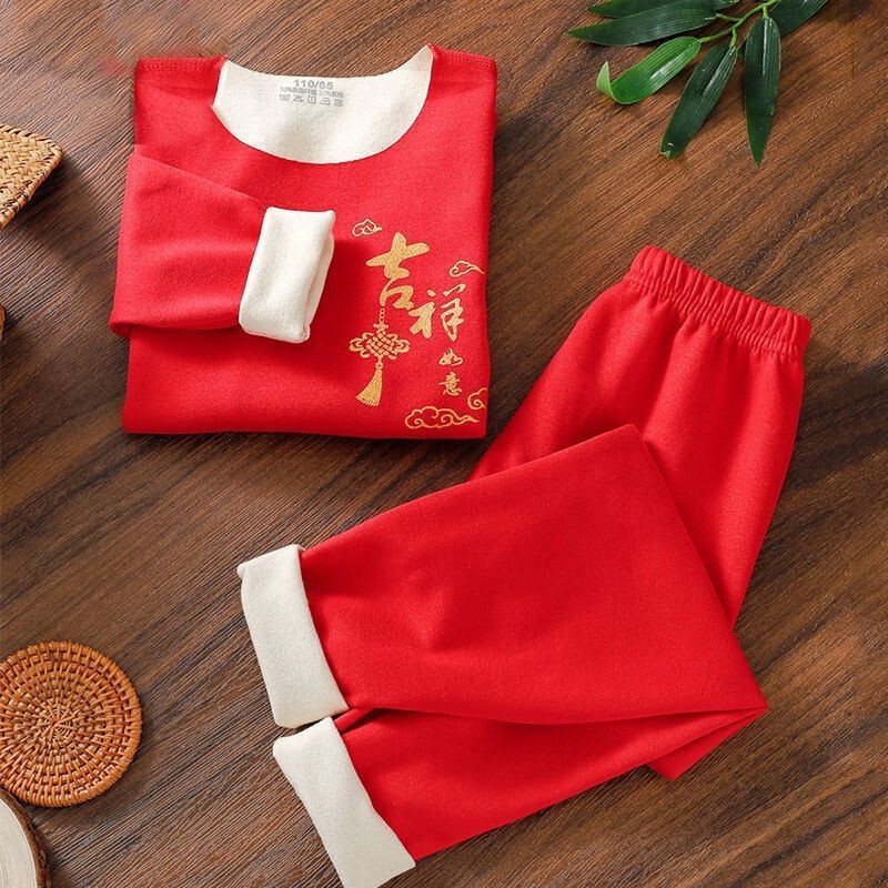 Children's Thermal Underwear Set, De Rong Thermal Wear, Kids' Autumn Clothes and Pants, for Older Girls and Boys, Winter Thickened Red Set