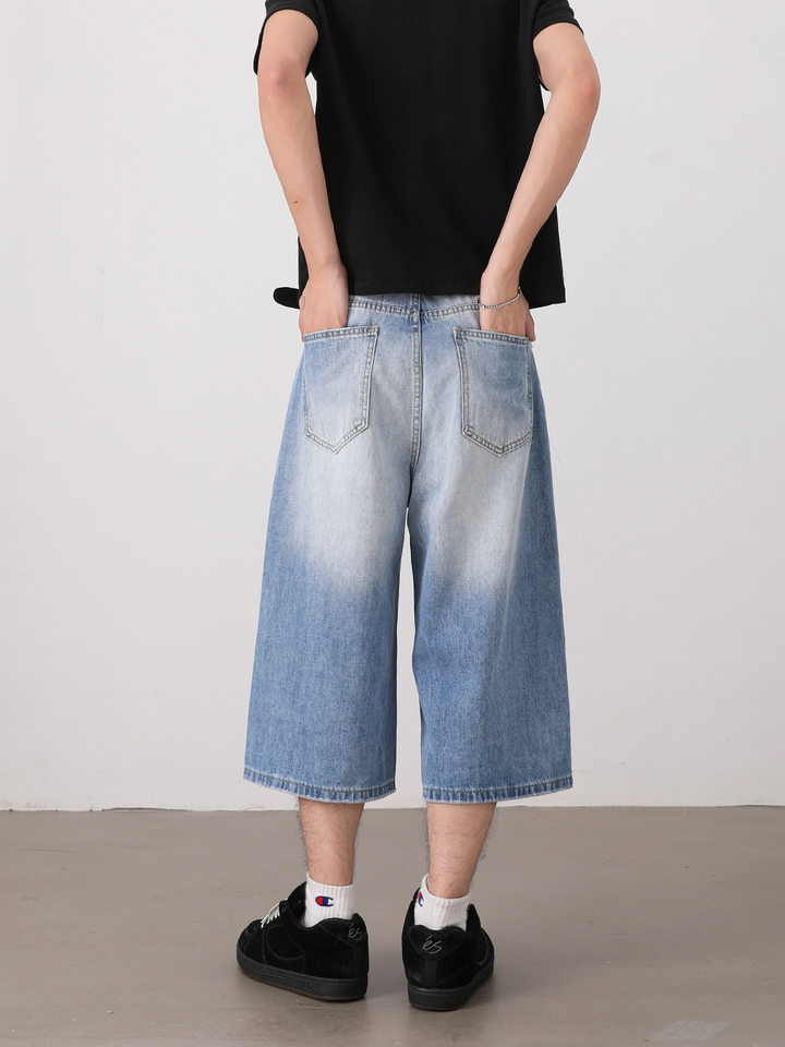 Quần short jeans nam ống rộng dáng lửng phong cách retro giặt mài — Màu xanh dương, Xanh nhạt