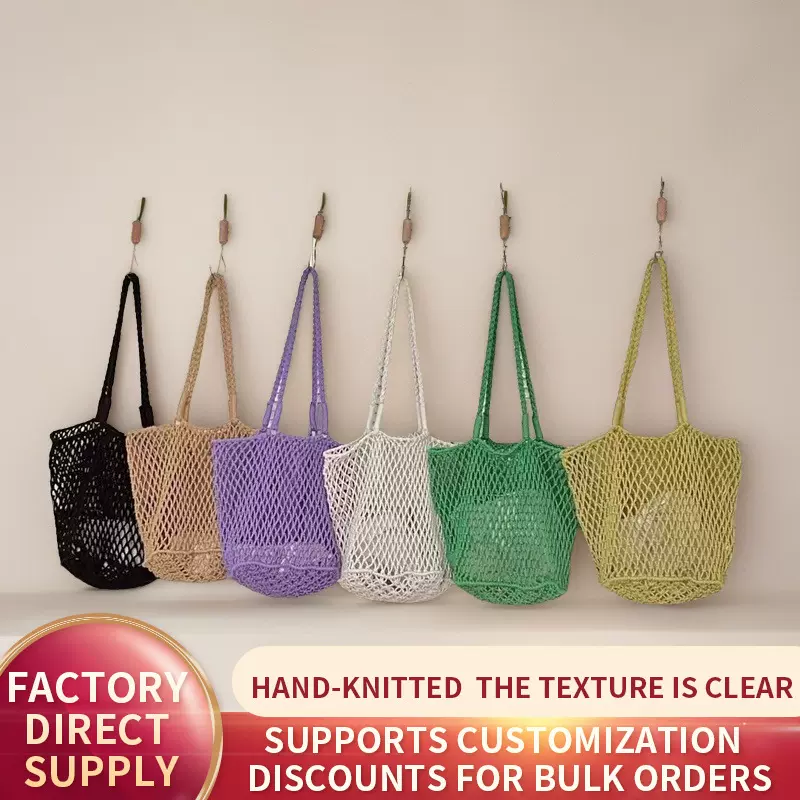 跨境网格单肩草编包棉线单肩包大容量手工旅游休闲度假女包沙滩包