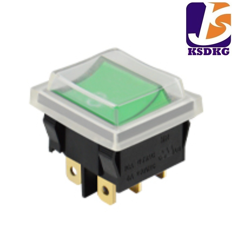 厂家供应 六脚 两档船型开关 绿色按钮电源开关 带防水帽翘板开关