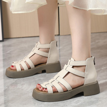 夏季新款镂空透气露趾凉鞋真皮厚底高帮松糕鞋罗马风编织大码女鞋