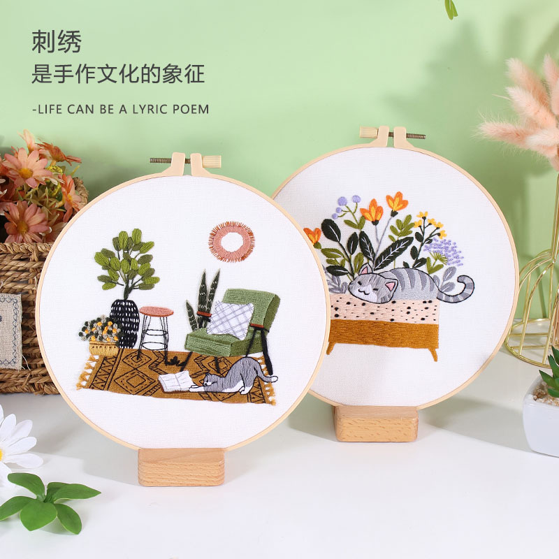 Nuevo Original DIY bordado hecho a mano paquete de material de vacaciones gato flor gato perezoso gato sofá transfronterizo Inglés