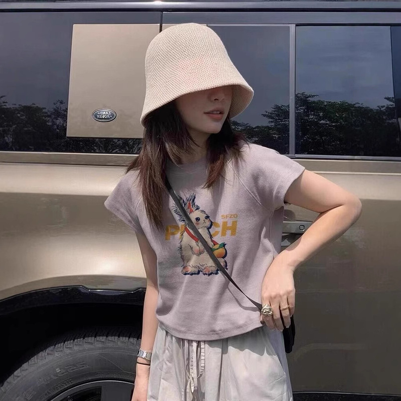 Short-Sleeved Women's T-Shirt Cute Printed Summer New Top Design Raglan Sleeve Sexy Short Round Neck Top Ins