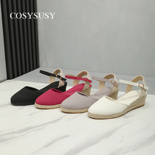 外贸跨境新款草编麻绳高跟鞋圆头包头后空凉鞋WEDGES厚底坡跟鞋