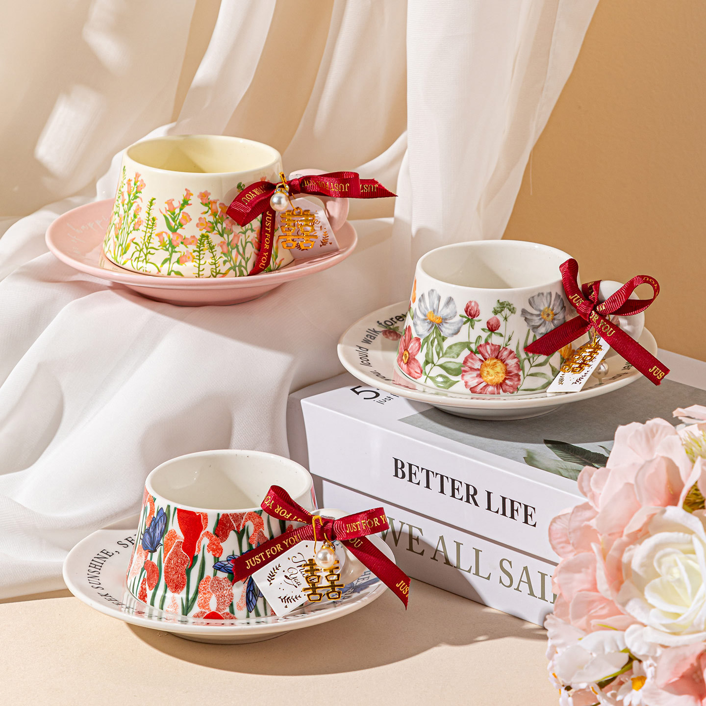 Tazas de café francesas y platos de cerámica tazas de café de marca tazas de café de nueva casa caja de regalo de regalo