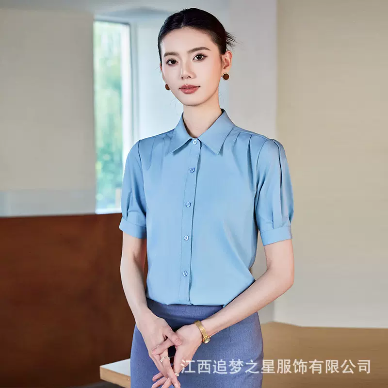 灰蓝色短袖职业衬衫女士夏季公考面试正装教师穿搭通勤衬衣工作服