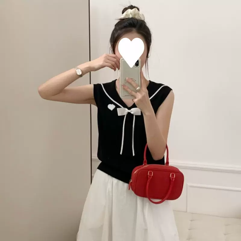 白色海军领蝴蝶结外搭马甲针织衫韩系氛围感上衣夏季女2025新款