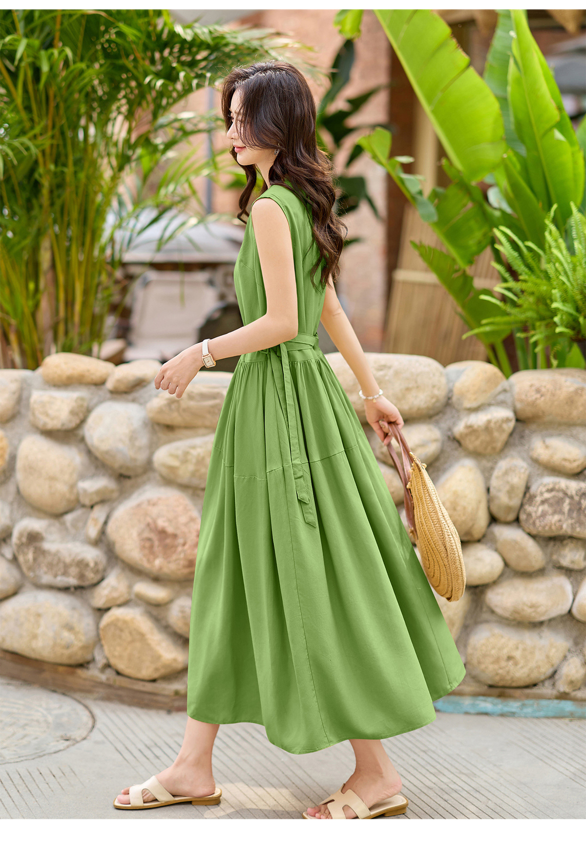 Đầm suông nữ midi không tay dáng rộng dài quá gối MJ5611 — màu trắng, xanh lá cây, màu vàng chi tiết 25