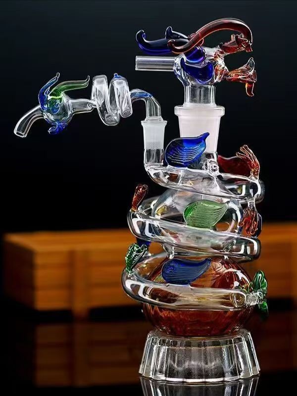 彩色盘龙水晶玻璃水烟壶双重过滤玻璃烟壶烟斗烟丝卷烟两用可清洗