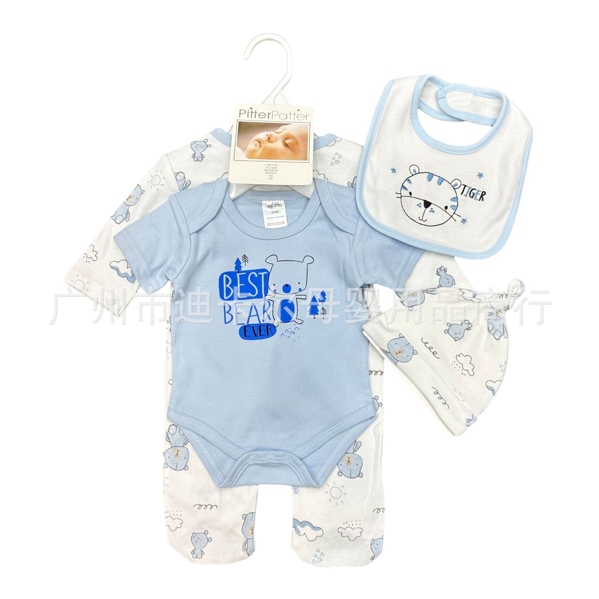 Conjunto de cuatro piezas para bebé recién nacido para comercio exterior, con gorro, babero, lindo conjunto de pelele, manga corta