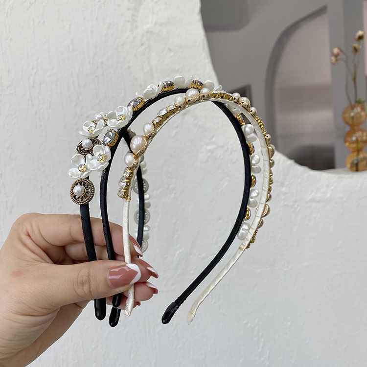38g Weight Headwear Classification Plaid, Flower Pattern Women'S Gender Black Color Korean Version Pearl Flower Full Diamond Headband 6