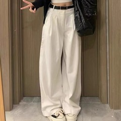 春夏秋の女性用ホワイトワイドレッグジーンズ、クラシックな新しいスタイル、ルーズ、スリム、ハイウエスト、ストレートレッグフロアレングスパンツ