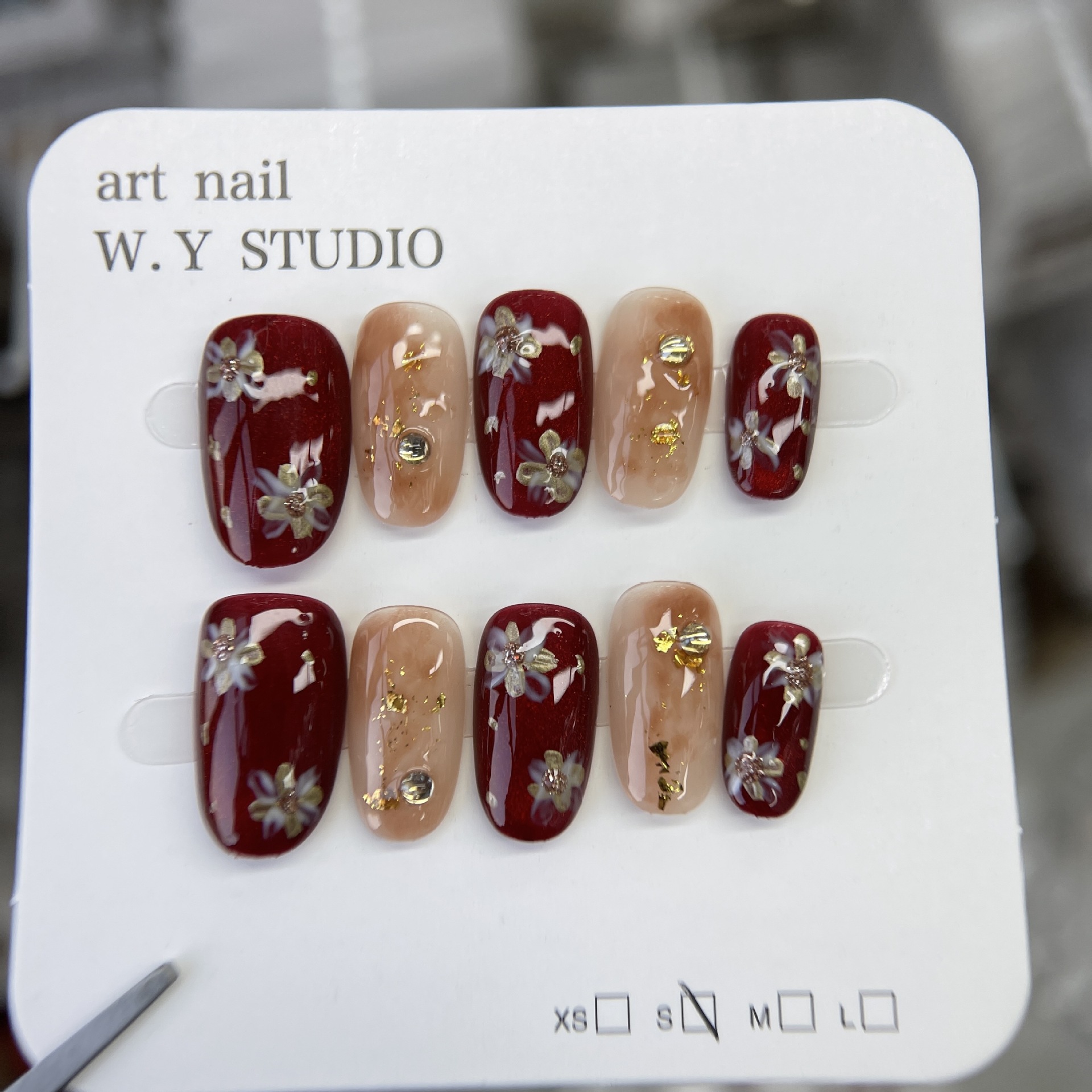 Yue Ai Original【Cherry Black Snake】Red Gold Fireworks Diamond Decoration Trapezoidal Handmade Wearable Nails New Year Atmosphere Nail Art Pieces