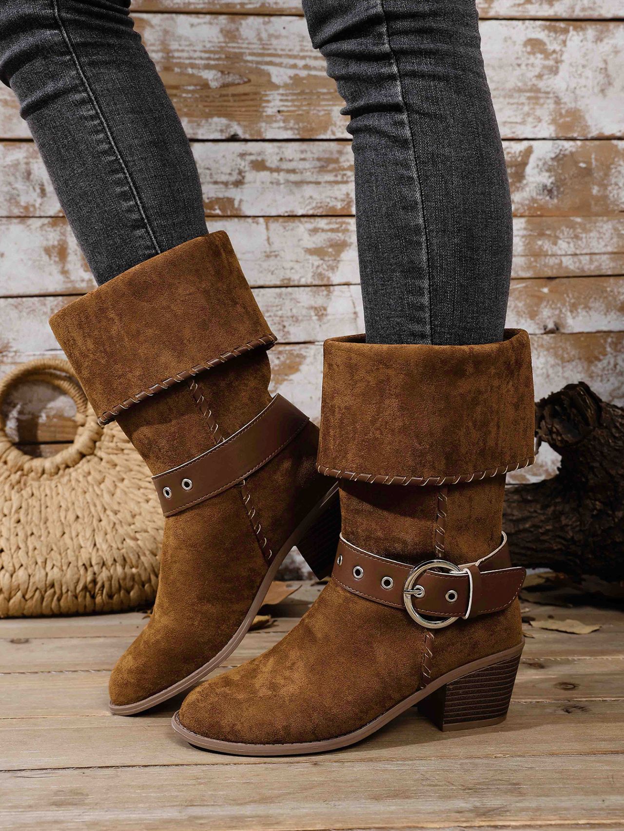 Women's Mid Calf Cowboy Boots For Women With Buckle And Chunky Heel_voghion.com