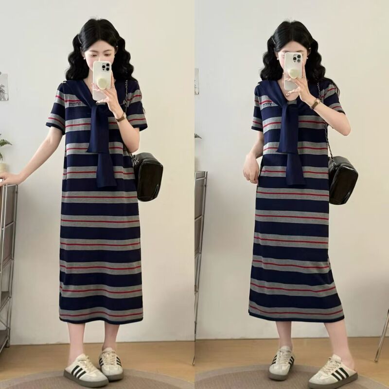 Korean-Style Navy Blue Striped Sailor Collar Dress for Women, Summer Loose Straight-Cut Slimming Versatile Casual Lazy Mid-Length Dress