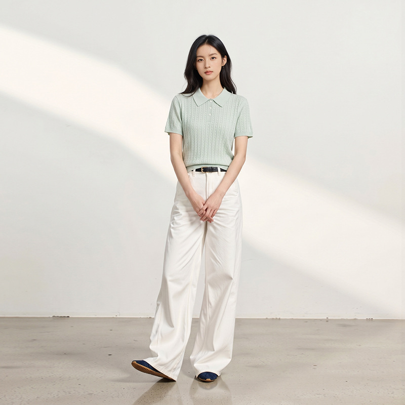 Vintage Cable Knit Solid Color Polo Collar Short Sleeve Sweater for Women, New Summer Commuter Style Slimming Elegant Turn-Down Collar Top Vintage Cable Knit Solid Color Polo Collar Short Sleeve Sweater for Women, New Summer Commuter Style Slimming Elegant Turn-Down Collar Top