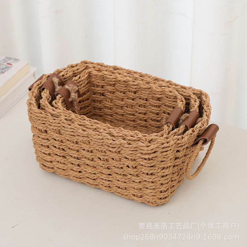 跨境现货纸绳编织桌面收纳篮带提手化妆品遥控器杂物收纳储物篮|undefined