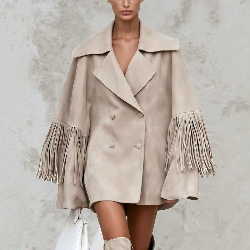 European and American cross-border autumn and winter women's suede western-style fringed suit jacket with a V-neck and a high-end look European and American cross-border autumn and winter women's suede western-style fringed suit jacket with a V-neck and a high-end look
