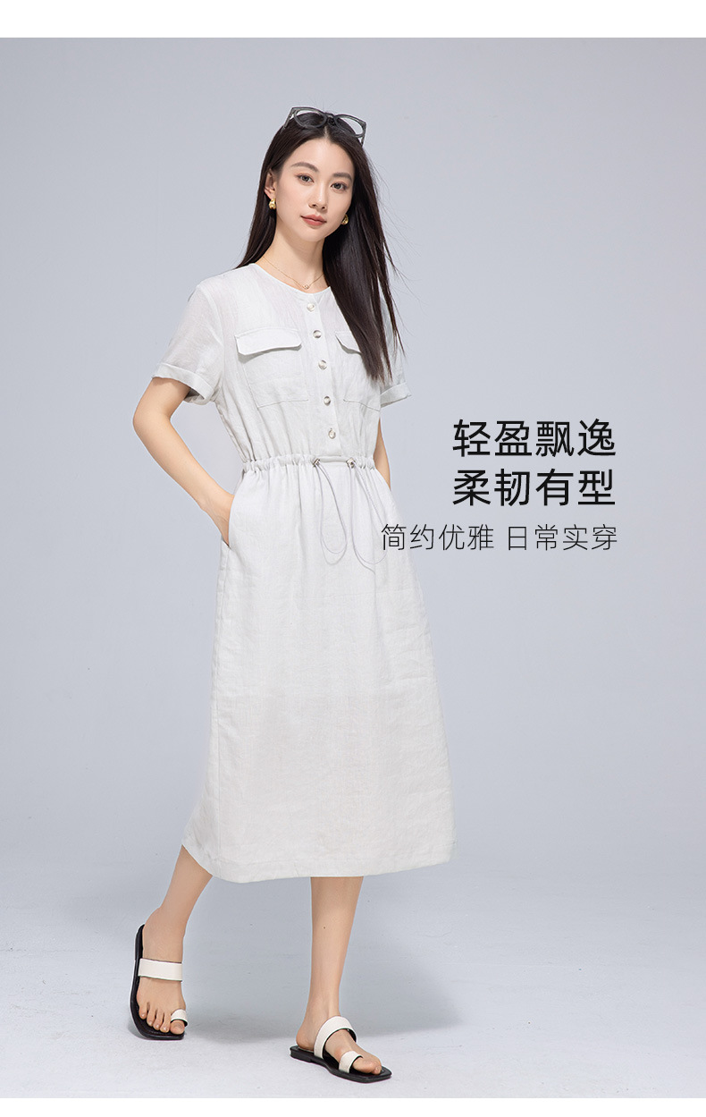Váy maxi vải lanh nữ dáng rộng tay ngắn eo dây rút — Xanh ô liu chi tiết 20