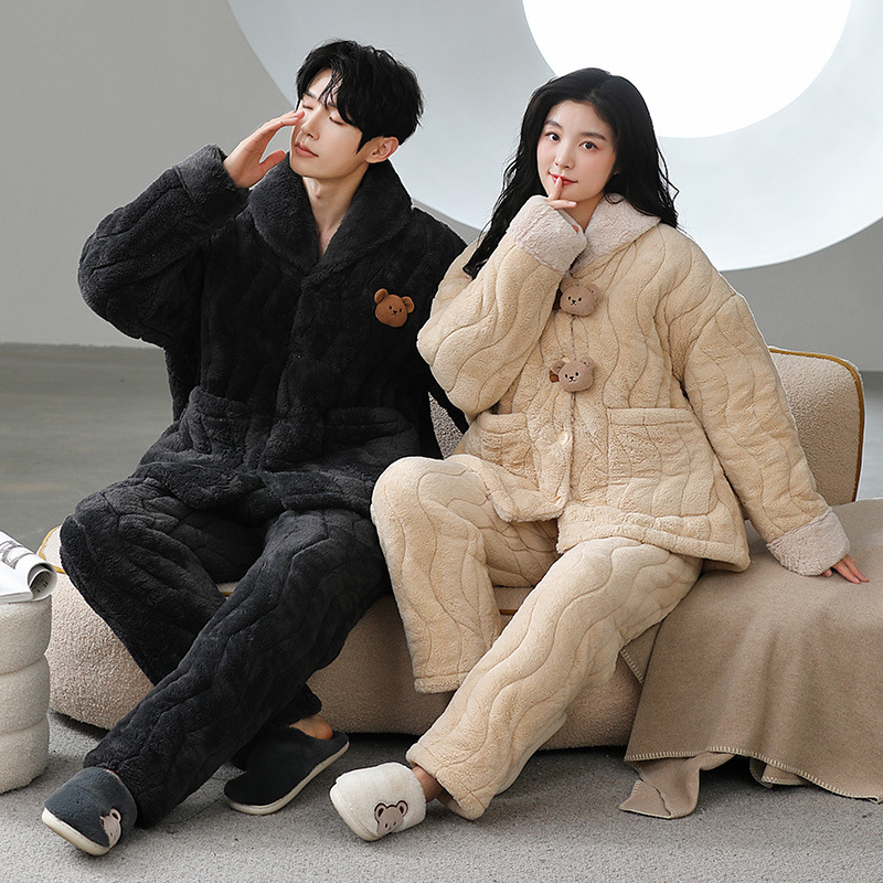 커플의 겨울 3 층 퀼트 남성 파자마 두꺼운 퀼트 퀼트 여성용 따뜻한 홈 의류 세트 착용