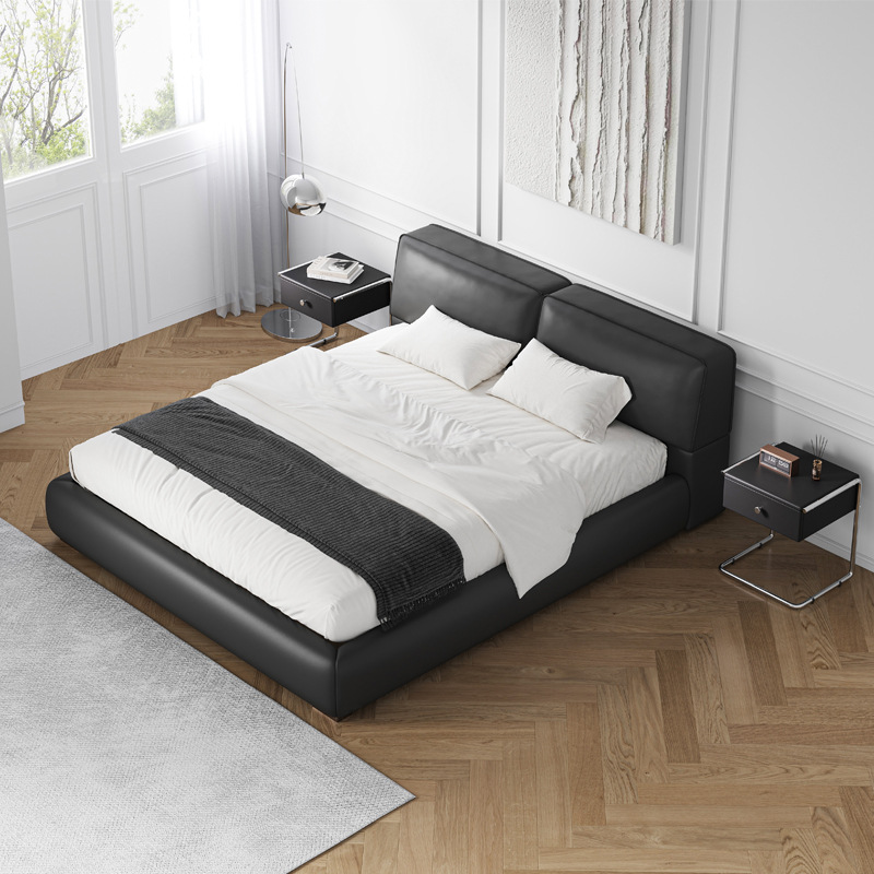 Diseñador minimalista italiano gran cama de cuero negro 1.8m simple y moderno pequeño dormitorio principal almacenamiento cama doble