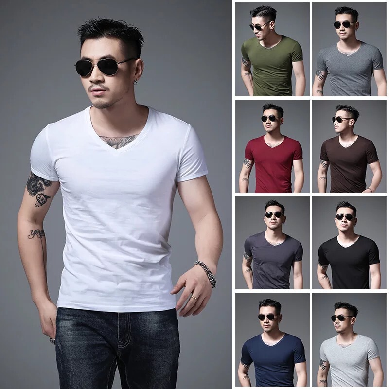 White V-Neck T-Shirt Men's Short-Sleeved Summer Solid Color Thin Simple T-Shirt White T-Shirt