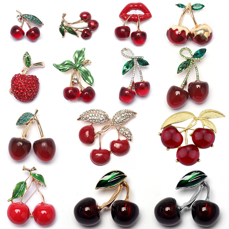 New Red Cherry Brooch for Women, High-End Diamond-Encrusted Fruit Pin, Suit Corsage, Anti-Exposure Buckle Accessories