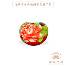 景德镇陶瓷聚宝盆彩绘花开富贵红色亮光鱼缸定制 影壁左右装饰缸