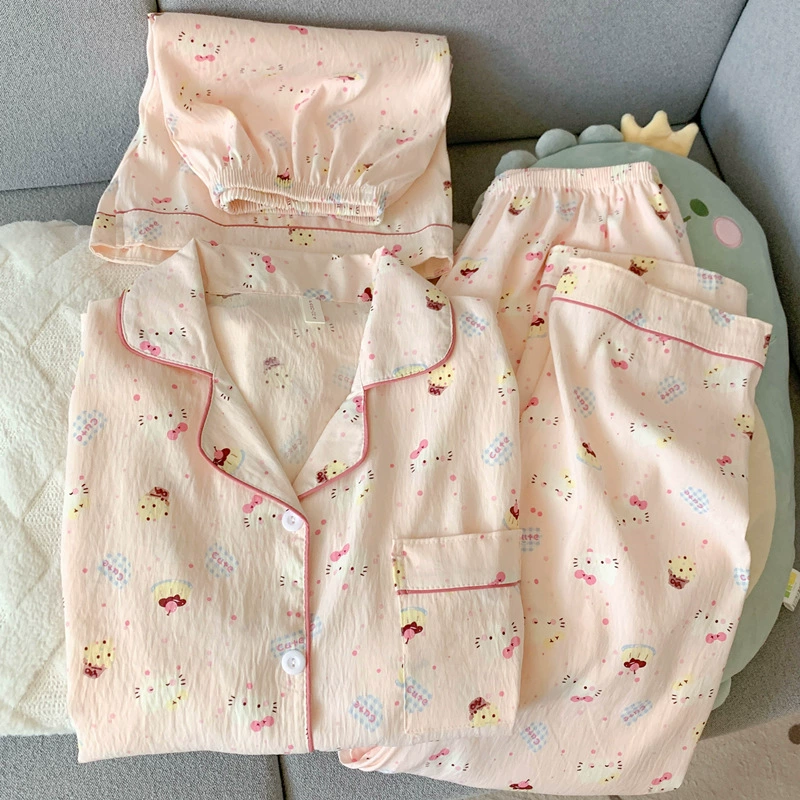 Хлопковая марля летний пижамный комплект (Hello Kitty) — 3 предмета: топ с коротким рукавом и брюки, дышащий